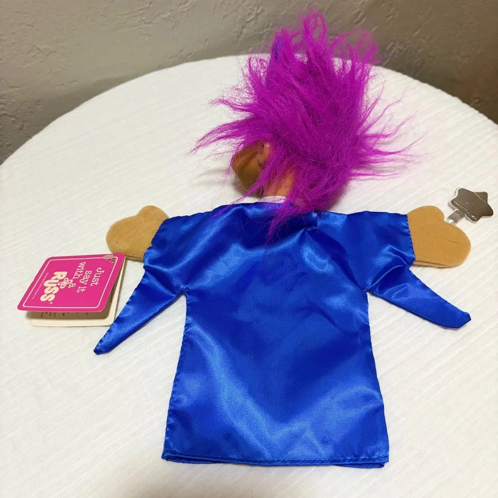 Vintage Russ Berrie Wizard Troll Hand Puppet Purple Hair Blue Robe NWT Plush